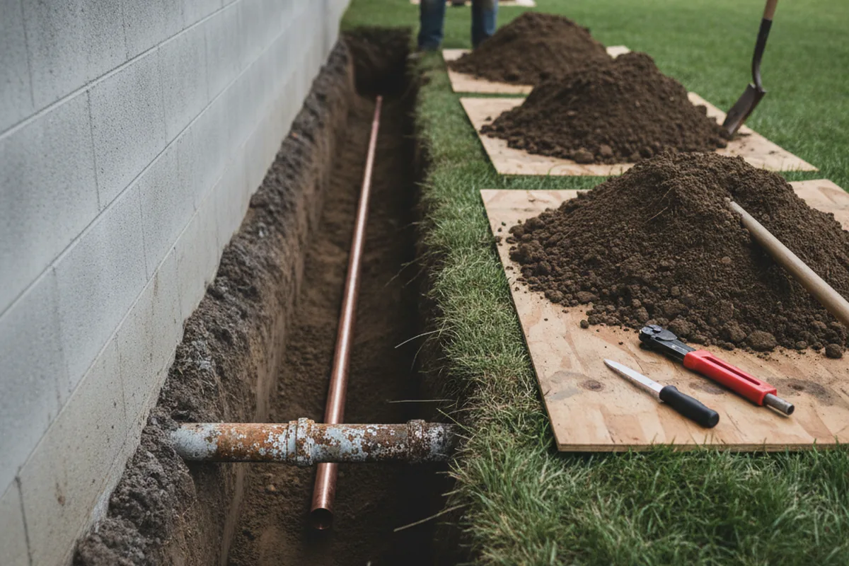 Excavated water line trench during Water Softener Installation in Garyville
